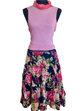 Cotton Pink and Red Floral Mini Tiered Skirt Size Medium Cottage Boho Tunique